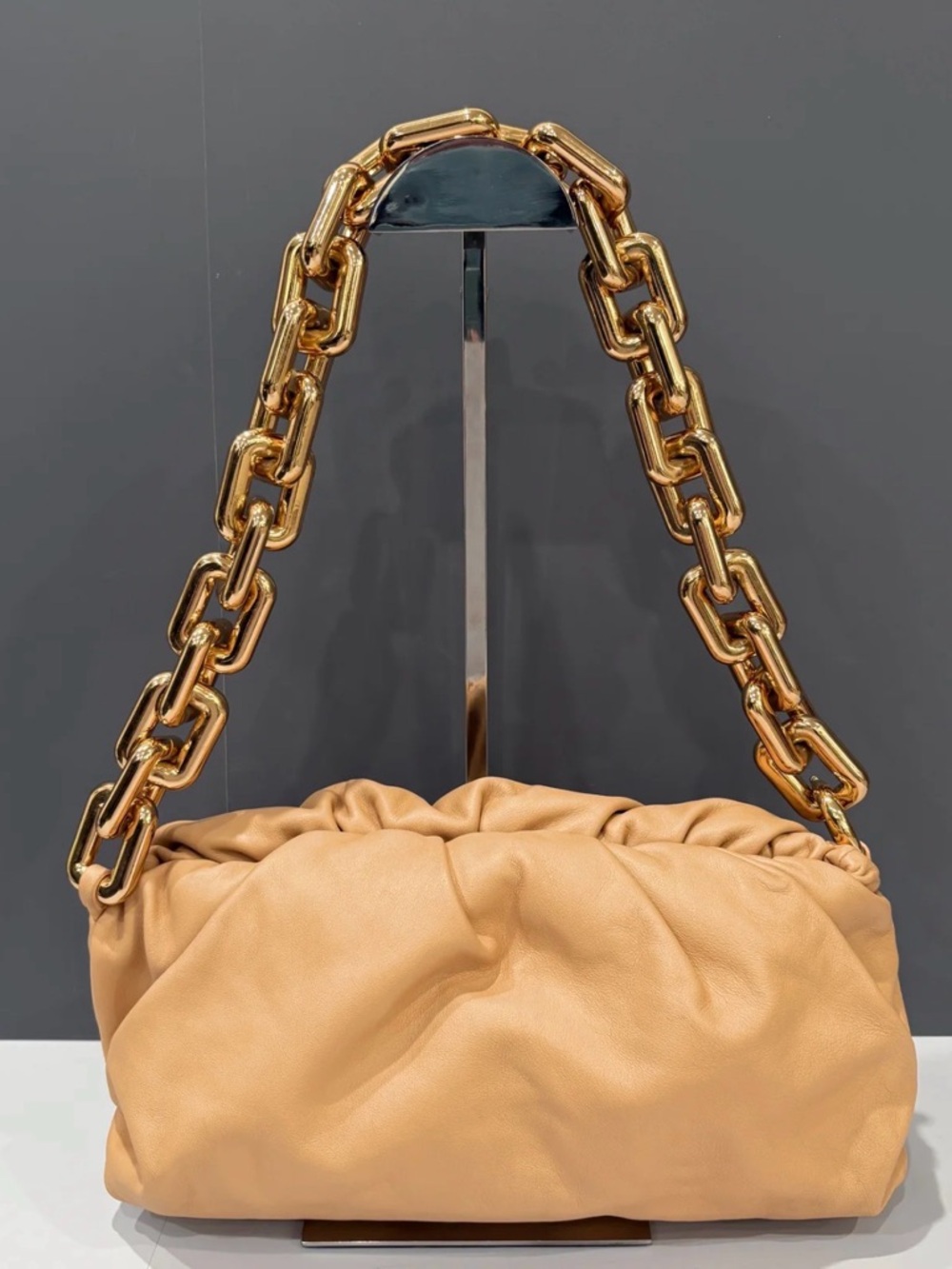 Bottega Veneta Tan Shoulder Bag with Gold Chain Strap